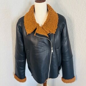 Rebecca Minkoff Faux Shearling Vegan Leather Moto Jacket, Black/Brown, Large NWT